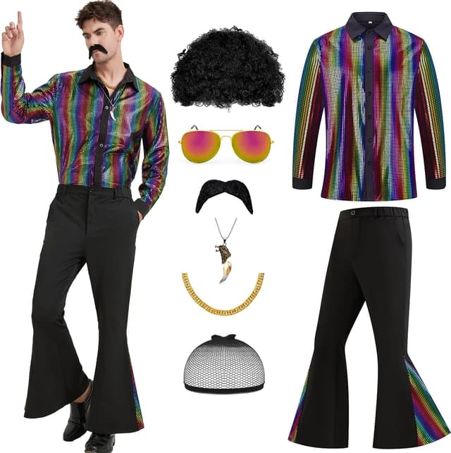 Detalle de Coseaon 70er Jahre Disco Outfit für Herren – Hemd, Schlaghosen, Perücke, Schnurrbart & Accessoires