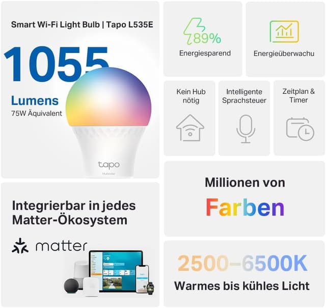 Detalle 2 de TP-Link Tapo L535E Matter-zertifizierte smarte WLAN-Lampe E27 mit Alexa, Siri & Google Assistant