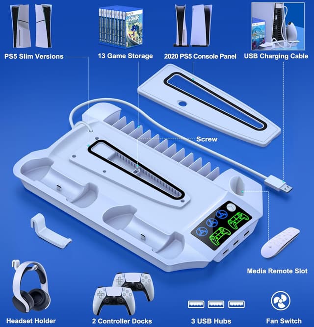 Thumbnail 6 de HEYLICOOL PS5/PS5 Pro/PS5 Slim Stand Accessories with 3-Level Cooling Fan, Dual Controller Charging & USB Hubs (13 game storage)