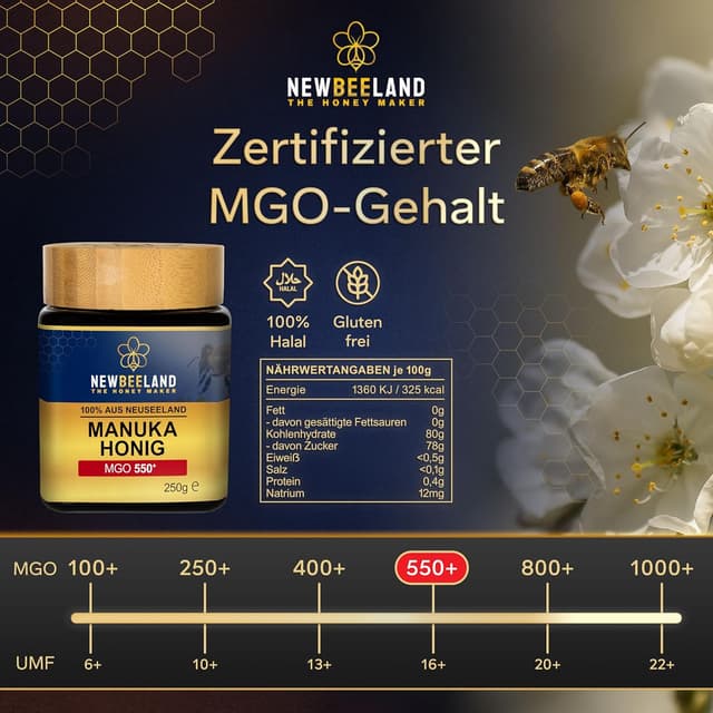 Detalle de NEWBEELAND Manuka Honig MGO 550+ (250 g) – lichtgeschütztes Glas, chargengeprüft