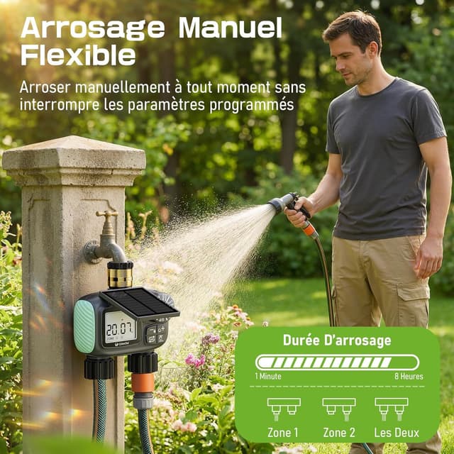 Detalle 2 de Programmateur d’arrosage solaire CyberOrd 2 zones avec minuterie, modes auto/manuel et délai de pluie