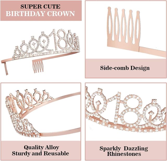 Detalle de 18th Birthday Decorations for Girls Set – Rose Gold 18 Tiara & Sash, Cake Topper, Candles, 18 Balloons