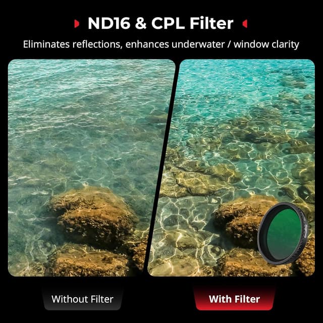 Detalle 2 de SAMLLRIG Kit de filtres 5 en 1 pour DJI Osmo Action 5 Pro / Action 4 (Black Mist 1/4, ND16/CPL, Star-Cross, simulation de film)