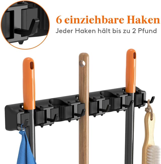 Detalle 2 de Lifewit Besenhalterung Wand (2er-Set) mit Anti-Rutsch-Griff, 10 Schlitze & 6 Haken pro Halter, schwarz