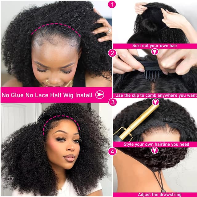 Detalle de yeelice hair Kinky Curly Half Wig Human Hair (200 Density, 3-in-1) Seamless Flip Over Glueless Wear and Go
