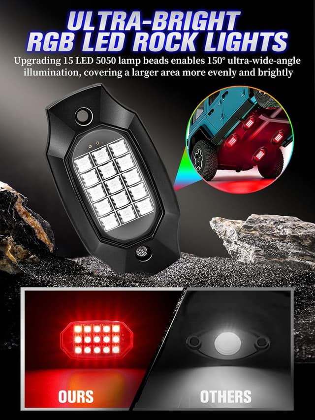 Detalle de 8-Pod RGB LED Rock Lights Kit (APP/RF Remote) for 12V Trucks, Jeeps, UTVs, RZR & More