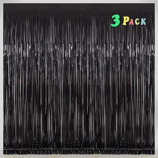 Detalle de Black Foil Fringe Curtain Party Decorations (3 Pack) — Shiny Black Tinsel Backdrop