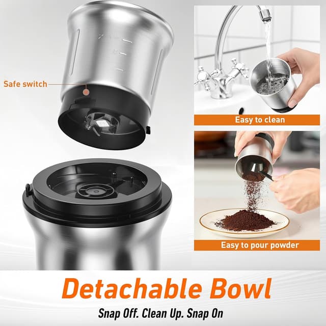 Detalle 2 de Secura Electric Coffee Grinder and Spice Grinder with 2 Stainless Steel Blades and Removable Bowls