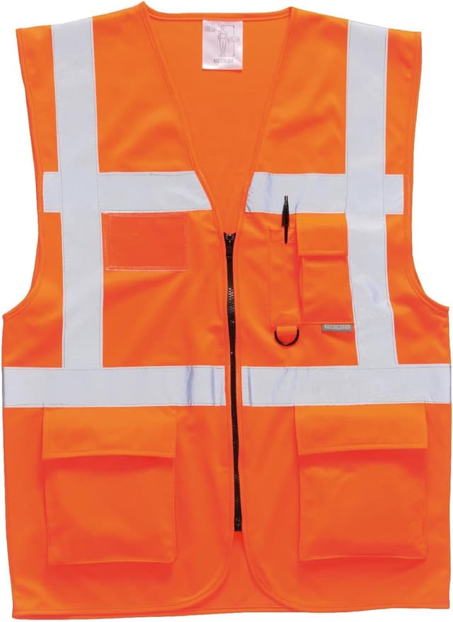 Detalle de Portwest Portwest gilet haute visibilité avec 7 poches, certifié EN ISO 20471 (classe 2) — orange, rouge, jaune