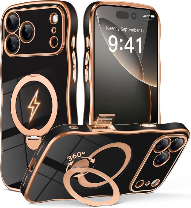Detalle de GolbinBox Magnetic iPhone 17 Pro Max Case with 360° Spin Stand (MagSafe, Camera Protection, 18FT Drop Protection) - Black