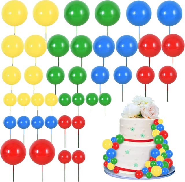 Detalle de RIBBOOO 40 pcs ball cake toppers with foam balls and wire insert rods (Red, Blue, Yellow, Green)