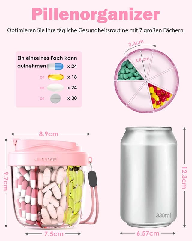 Detalle de Tablettenbox 7 Tage „Morgens Mittags Abends“ – runde 7-Fächer-Organizer mit weiter Öffnung, Anti-Verwechslung & Etiketten