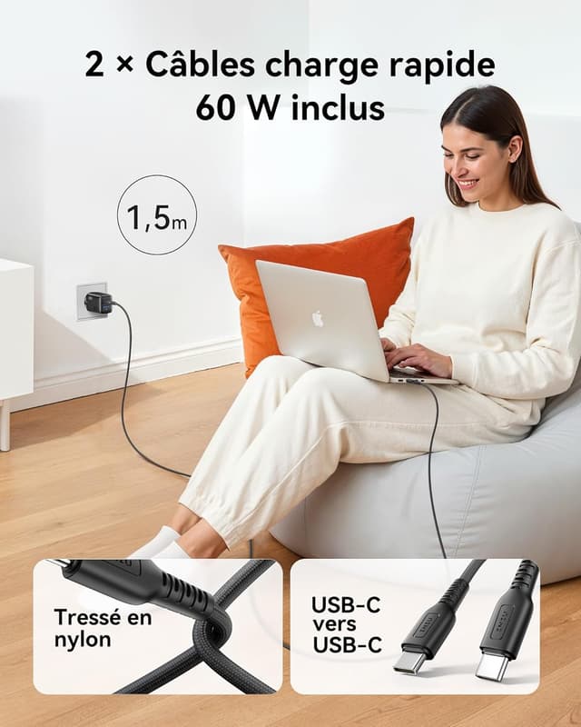 Detalle de INIU Chargeur USB‑C 30W 2 ports GaN avec câble 60W
