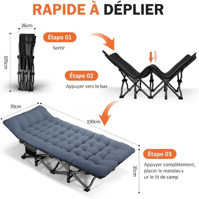 Detalle de Lit de camping pliable ATORPOK SHOP, coussin portable robuste jusqu’à 200 kg