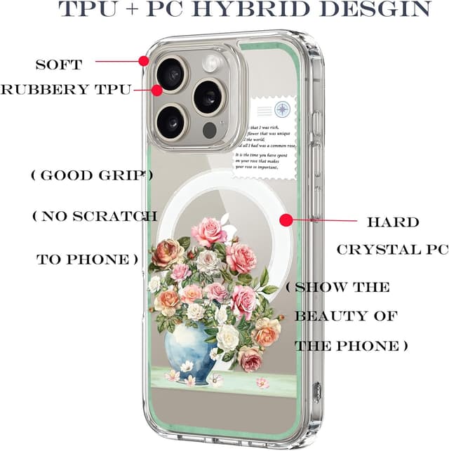 Detalle de Unov iPhone 16 Pro Max MagSafe-compatible clear case with embossed Rose Bouquet design