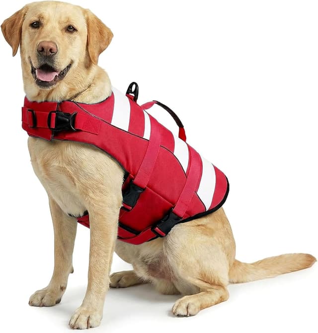 Detalle de ASENKU Hundeschwimmweste Größe L für mittelgroße Hunde – mit Rettungsgriff, verstellbarem Brustgurt & Reflektorstreifen