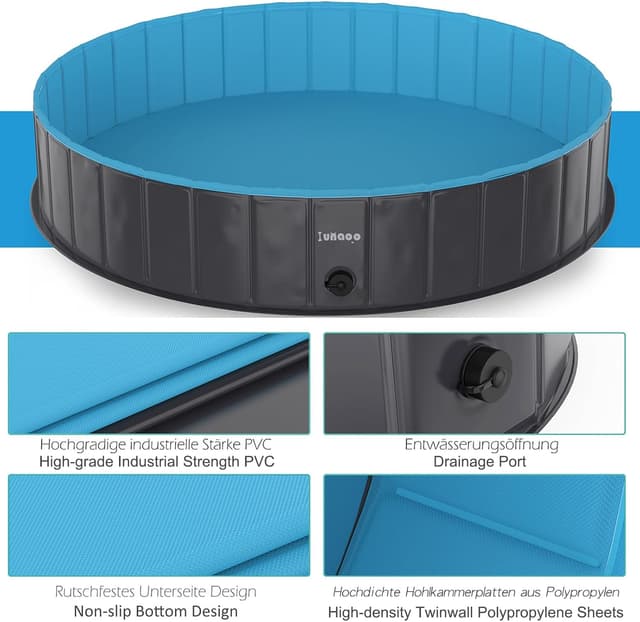 Detalle de lunaoo Dog Paddling Pool Foldable Pet Swimming Pool (160 x 30 cm) – Light Blue