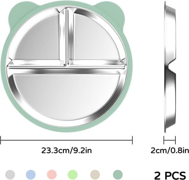 Detalle de Edelstahl Baby Teller mit Saugnapf (2 Stück) – Silikon-Kinderteller BPA-frei, abnehmbare Hülle, Beige + Dunkelgrün