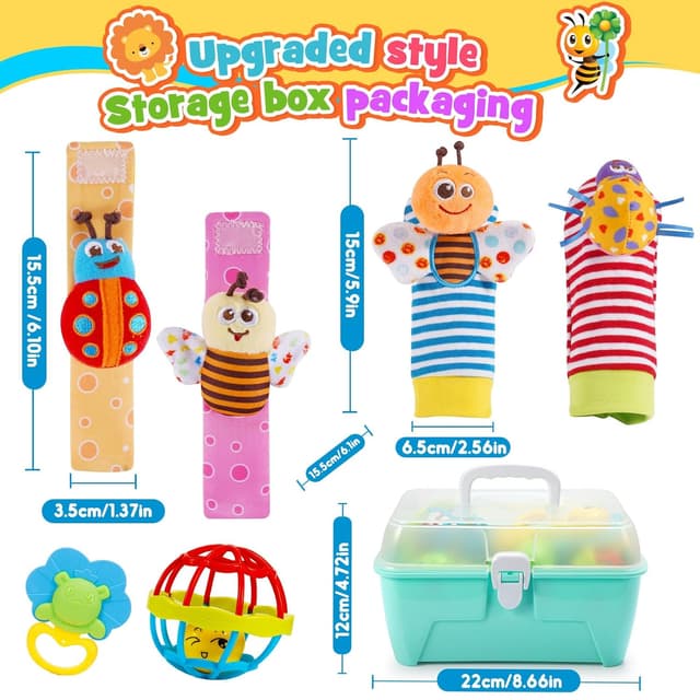 Detalle de 14-teiliges Rasseln & Beißring Set mit Aufbewahrungsbox – Babyspielzeug ab 0–12 Monate