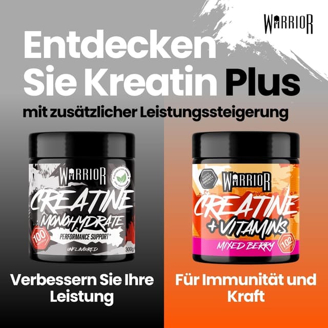 Detalle de Warrior Creatine Monohydrate + Vitamine (360 g, 80 Portionen) – mikronisiertes Kreatin & Multivitamin-Blend, vegan, Mixed Berry