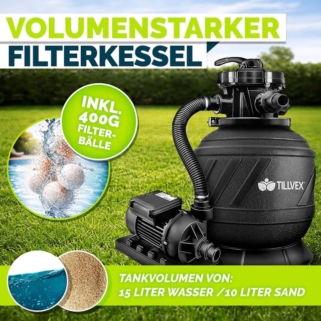 Thumbnail 6 de tillvex® Sandfilteranlage Pool (7.900 l/h) inkl. 7-Wege-Ventil, Druckanzeige & 400 g Filterbälle