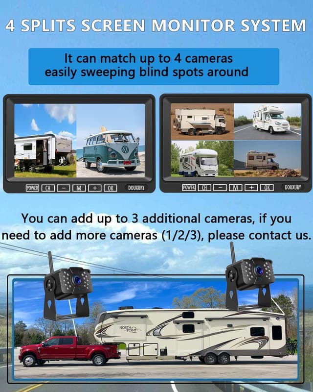 Detalle 2 de DOUXURY RV Backup Camera Wireless System with 7" HD LCD Monitor, IP69 Waterproof 170° Camera + 4-Split Screen