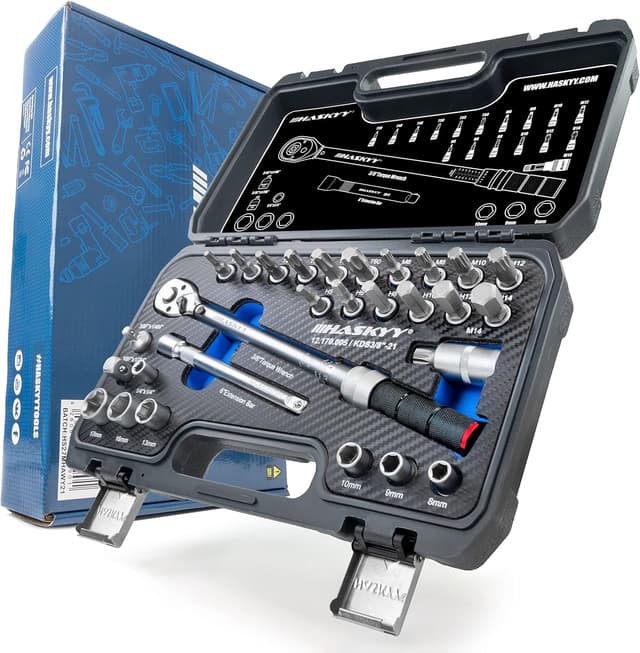 Detalle de Set di chiavi dinamometriche HASKYY da 3/8" (5–60 Nm) con accessori per moto e personalizzate