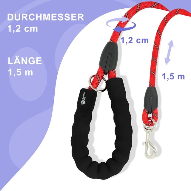 Thumbnail 6 de Reichstadt Pets Guinzaglio in nylon morbido con impugnatura in EVA e moschettone girevole, riflettente, 1,5 m (25RSP084) – Rosso