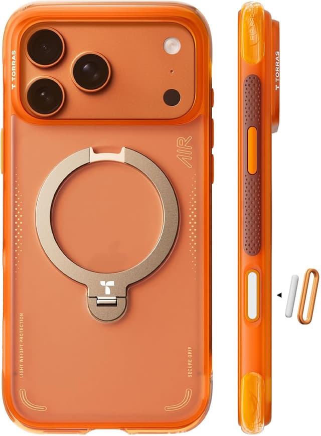 Detalle de TORRAS Ostand Q3 Air for iPhone 17 Pro Case (Orange) — MagSafe compatible shockproof case with rotating kickstand