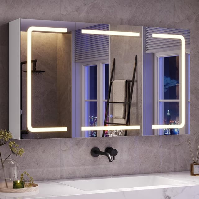 Detalle de Mojiasion Specchio Bagno LED sospeso 100x60 cm con 3 ante e presa integrata, 3 luci regolabili e memoria luminosità