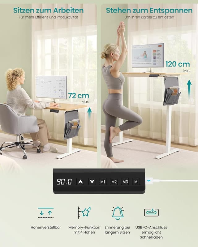 Detalle 2 de SONGMICS höhenverstellbarer Schreibtisch elektrisch LSD132YA01 (120 x 60 cm) mit Memory, 4 Höhen & USB‑C