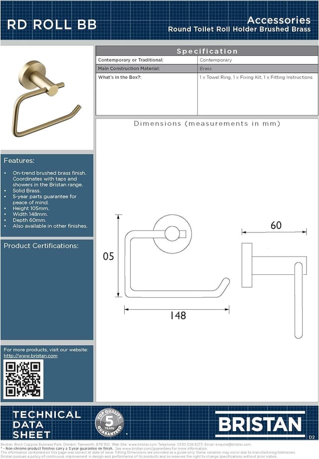 Detalle de Round Toilet Roll Holder in Brushed Brass finish