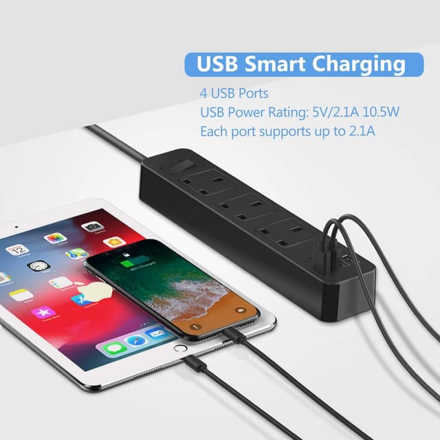 Detalle 2 de JSVER extension lead with 4 USB ports and 3 AC outlets, 200cm cable (smart charging station) — black
