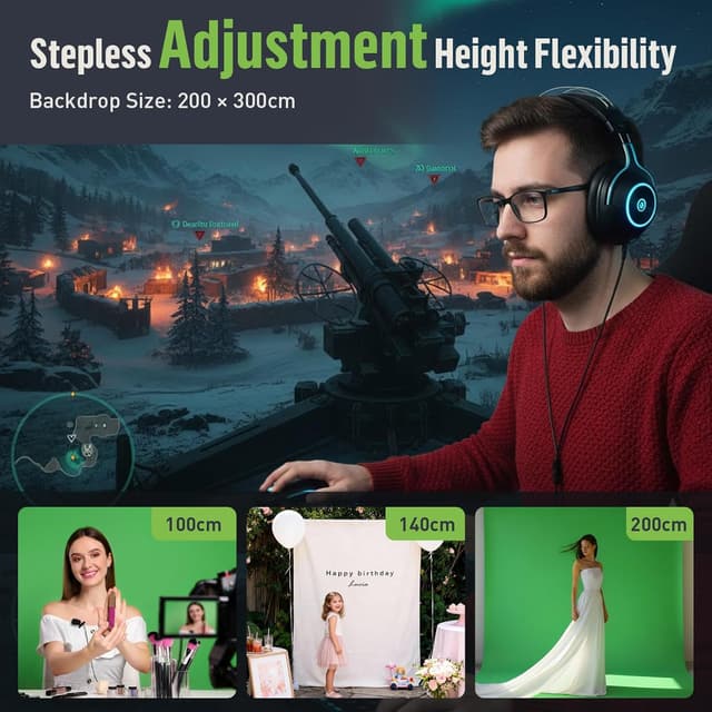 Thumbnail 6 de Heysliy Green Screen 2x3M Background with T Backdrop Stand (6.5x9.5ft)