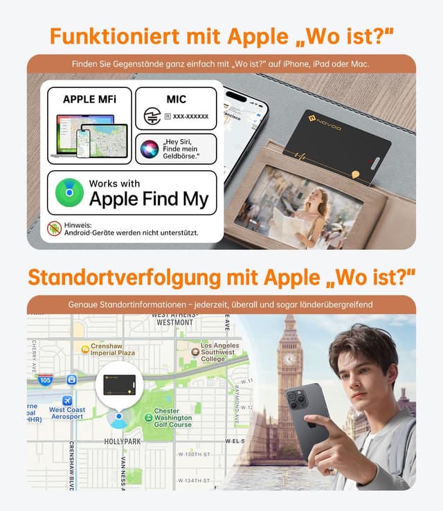 Thumbnail 6 de NOVOO lot de 2 cartes de suivi de portefeuille rechargeables avec Apple Find My (iOS uniquement)