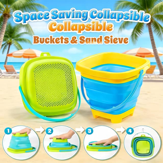 Detalle de FLEXTRIX Sandspielzeug-Set (19-teilig) mit faltbaren Eimern, Sieb und Strandformen – Strand- & Reisespielzeug ab 3 Jahren