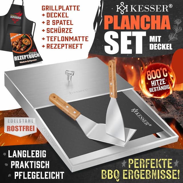 Detalle de KESSER Plancha Grillplatte aus Edelstahl mit Deckel (40 x 30 cm) bis 800 °C, mit Fettablauf – inkl. 2 Spatel, Schürze, Grillmatte & Rezeptbuch