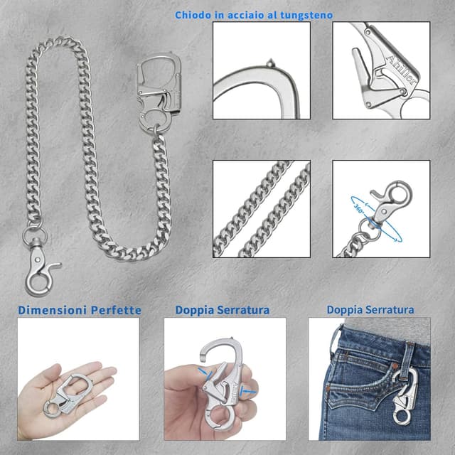 Detalle de Ahiller Geldbörsenkette mit Verschluss: Biker-Kette mit Doppelschloss-Design und Wolframstahl-Kegelkopf