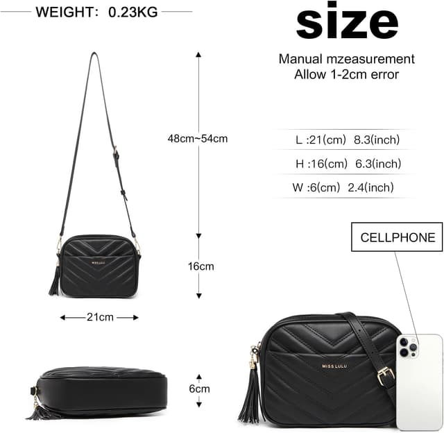 Detalle de Miss Lulu Handtasche Damen Umhängetasche klein – Crossbody Bag mit 4 Fächern, verstellbarem Gurt & Handytasche