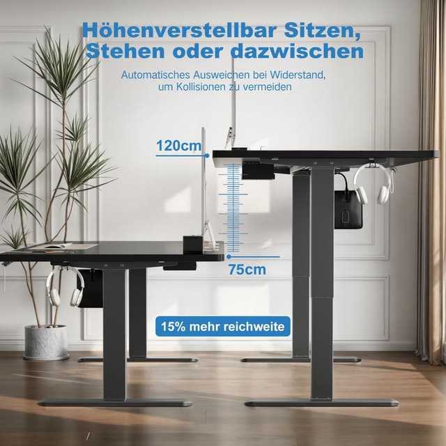 Detalle 2 de Devoko höhenverstellbarer Schreibtisch mit 2 Motoren, 25-mm-Tischplatte (140 x 70 cm) – elektrisch inkl. Kabelmanagement