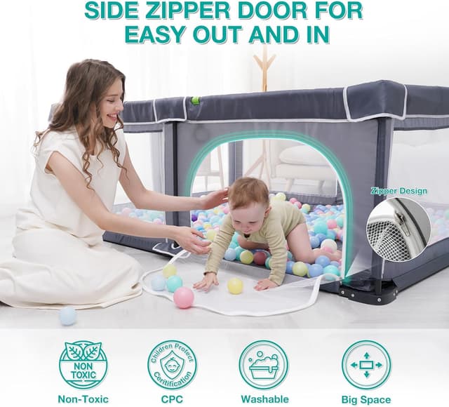 Detalle de Foldable Baby Playpen with Mat (127x127cm) – portable playpen with ocean balls and 4 handlers for indoor & outdoor use