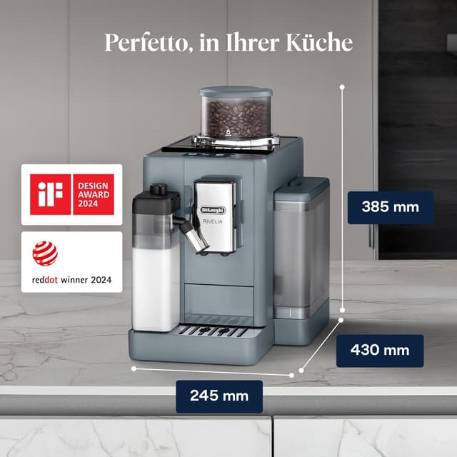Detalle de De’Longhi Rivelia – Perfetto Kaffeevollautomat mit LatteCrema-Milchschaumsystem, 16 One-Touch-Getränken & austauschbaren Bohnenbehältern (Grau)