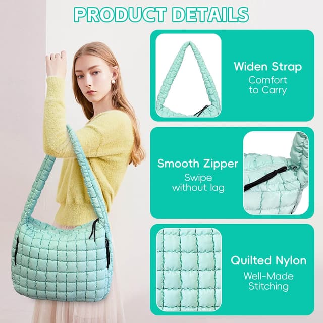 Detalle de Bagtopia Puffer Tote Bag (Large Quilted Puffer Bag) – lightweight quilted hobo tote for work, gym & travel