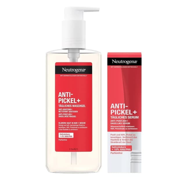 Detalle de Neutrogena Anti-Pickel+ Anti-Pickel Set: Tägliches Waschgel (200 ml) & Tägliches Serum (30 ml) mit Salicylsäure + AHA/PHA