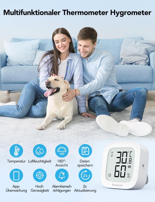 Detalle de GoveeLife WLAN Hygrometer Thermometer für innen – Digitales Temperatur- und Luftfeuchtemessgerät mit App