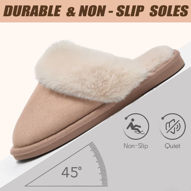 Detalle 2 de Misolin Women’s Memory Foam Fluffy Slip-on Slippers (Faux Suede, Fur Lined) with Anti-Skid Sole