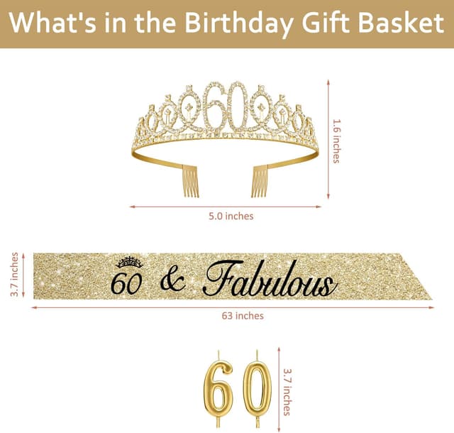 Detalle de Amosking 60th Birthday Decorations Set: 60 sash, crown/tiara and gold number 60 candles