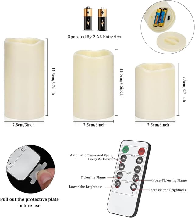 Detalle 2 de Aku Tonpa 3 Pack Ivory Flameless Candles Set (4", 5" & 6") with 10-Key Remote & Timer