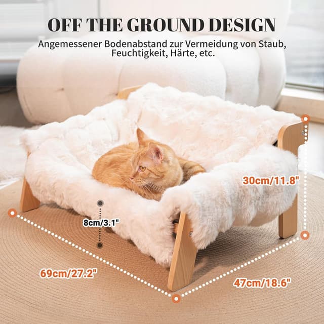 Detalle 2 de CheerPals erhöhtes Katzenbett aus Buchenholz (70 x 47 cm) mit abnehmbarer, waschbarer Plüschdecke