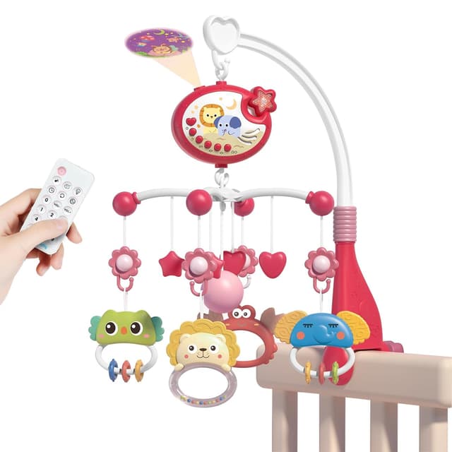 Detalle de Aolso Babybett-Spielzeug: Mobile fürs Babybett mit Musik, Lichtprojektion und Fernbedienung (Sternprojektion-Rot)